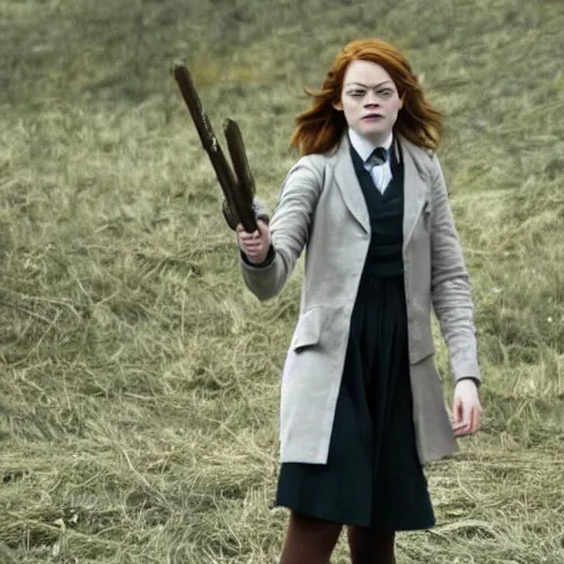 Prompt: emma stone as Hermione Grainger a still shot from harry Potter movie 2