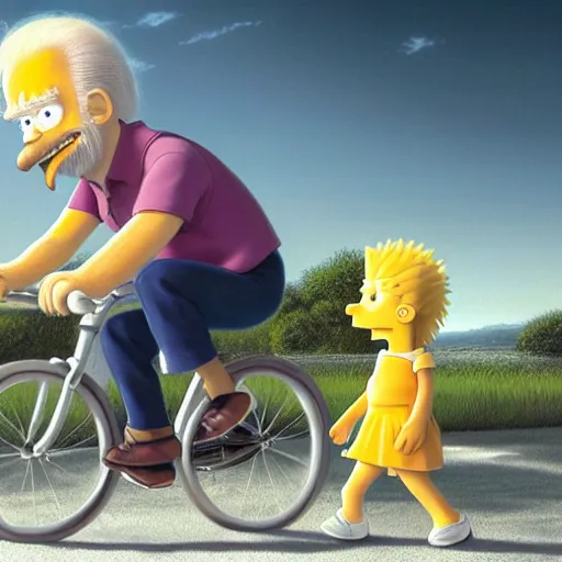 Image similar to Hyper realistic portrait of Joe Biden sniffing little Lisa Simpson's long flowing hair while they ride a bicycle together, little Lisa Simpson is sitting in the basket on the front of the bike, Cinematic lighting, ultra super good realistic 3D render by Gerald Brom and James Jean, Trending on Artstation, 8k, post processing, sharp focus