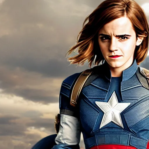 Image similar to A still of Emma Watson as captain America movie