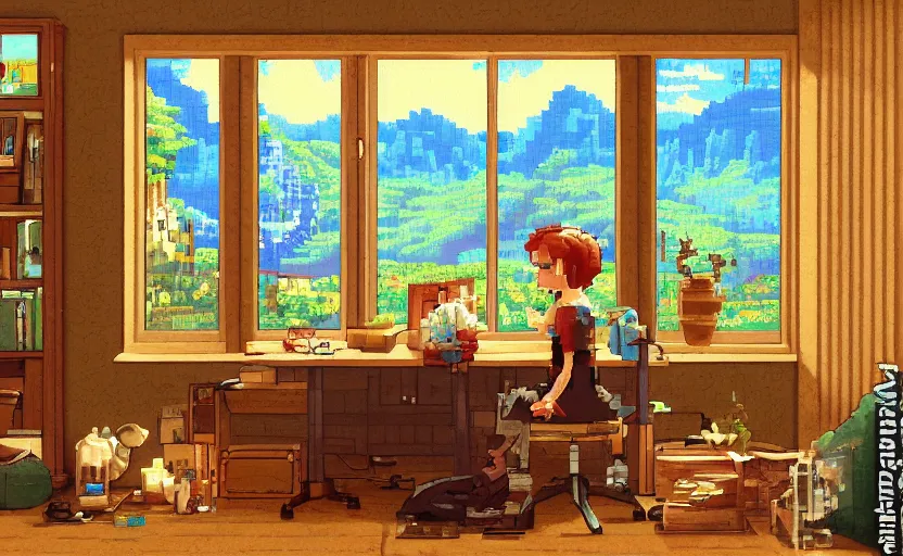 Image similar to Character sitting and relaxing in front of their work desk in their cozy room as a peaceful scene is seen through the room's window. Smooth Highly detailed masterpiece pixel-art. in the style of Close Highly detailed masterpiece professional artistry Sega, Namco, Neogeo, Capcom artist's Pixel-art. Trending on artstation. Slice-of-life genre art. Balanced colors and lighting scheme by James Gurney and artgerm. In the style of a 'Music to chill/study' to youtube video.