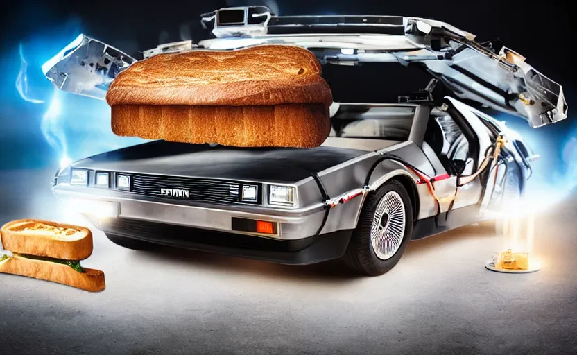 Image similar to a time-traveling delorean styled toaster with toast, bread inserted into slot, glowing heating coils, stainless steel, professional product shot, magazine ad