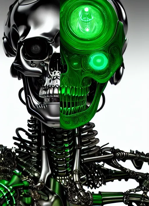 Image similar to a photorealistic detailed close up portrait of a cybernetic, bionic, metal skeleton, black and green only, intricate, elegant, highly detailed, digital painting, artstation, concept art, smooth, sharp focus, illustration, art by hana yata, artem demura, alphonse mucha, octane render, unreal engine, 8 k