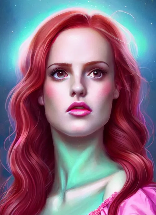 Image similar to full body portrait of teenage cheryl blossom, bangs, green eyes, sultry expression, red hair, sultry smirk, bangs and wavy hair, pink skirt, intricate, elegant, glowing lights, highly detailed, digital painting, artstation, concept art, smooth, sharp focus, illustration, art by wlop, mars ravelo and greg rutkowski