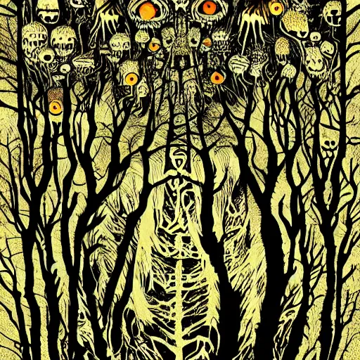 Prompt: horror nightmare psychedelic art illusionary art of forest made of only creepy eyes everywhere schizophrenic visions haunting scary horrifying terrifying anthropomorphic trees bio organic forests james gurney greg rutowski yoji shinkawa apophasis shintaro kago junji ito esoteric hypnogogic ethereal ethereality