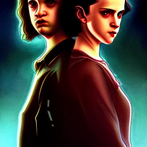 Prompt: twilight version of stranger things, portrait of edward and bella, diffuse lighting, fantasy, intricate, elegant, highly detailed, lifelike, photorealistic, digital painting, artstation, illustration, concept art, smooth, sharp focus, art by john collier and albert aublet and krenz cushart and artem demura and bouguereau and alphonse mucha
