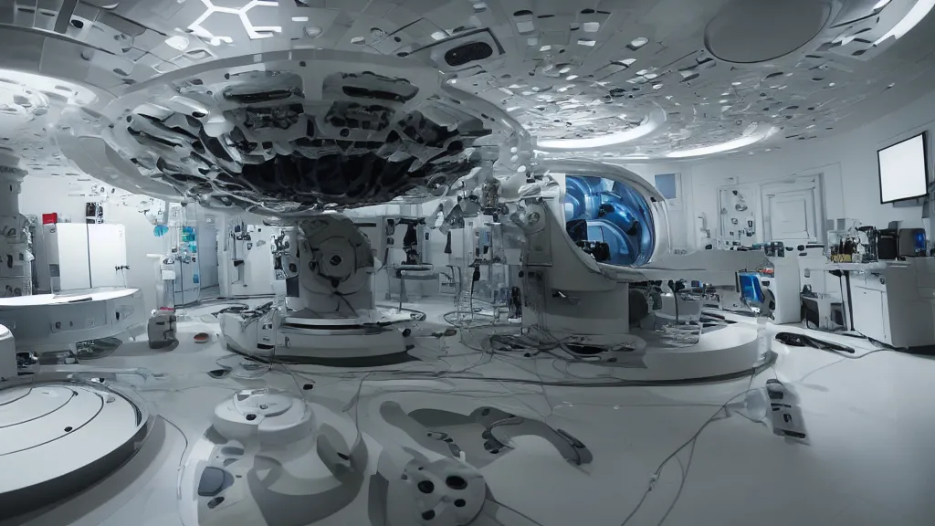 Image similar to a huge octo mri machine and control panels in the inspection room, film still from the movie directed by denis villeneuve with art direction by salvador dali, wide lens