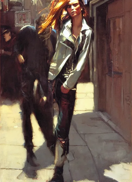 Prompt: androgynous glam rocker outside cbgb in the style of phil hale, sfumato Orientalist portrait by john william waterhouse and James Gurney, Syd Mead, Phil Hale, oil on canvas. Cinematic, hyper realism, realistic proportions, dramatic lighting, high detail 4k