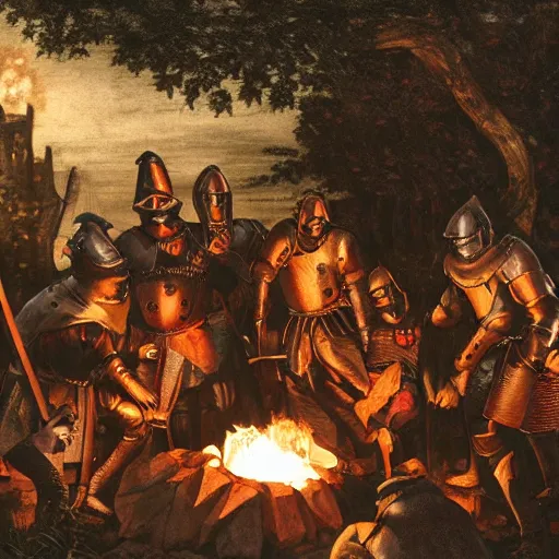 Image similar to Medieval knights gathered around a firepit surrounded by werewolves