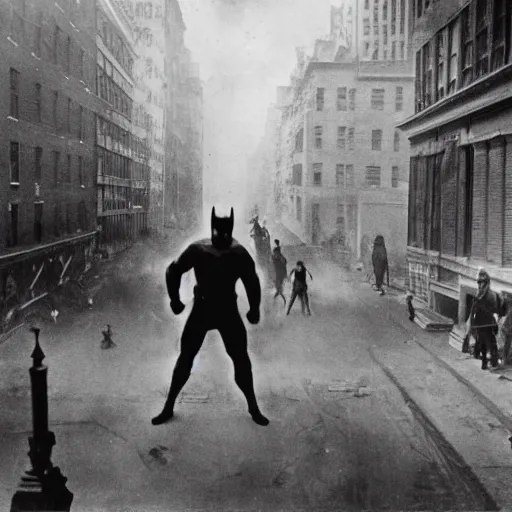 Image similar to old black and white photo, 1 9 1 3, depicting batman fighting a bad guy in an ally of new york city, rule of thirds, historical record