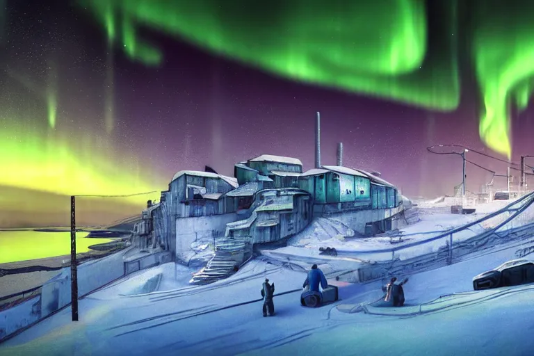 Image similar to favela winding cybernetic thrill ride, snowy arctic environment, industrial factory, bright, aurora borealis, award winning art, epic dreamlike fantasy landscape, ultra realistic,