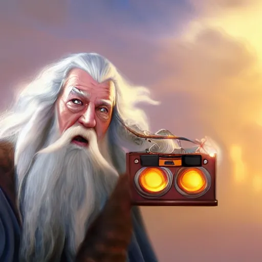 Image similar to gandalf with boom box on coach, trending on artstation, hyperrealistic