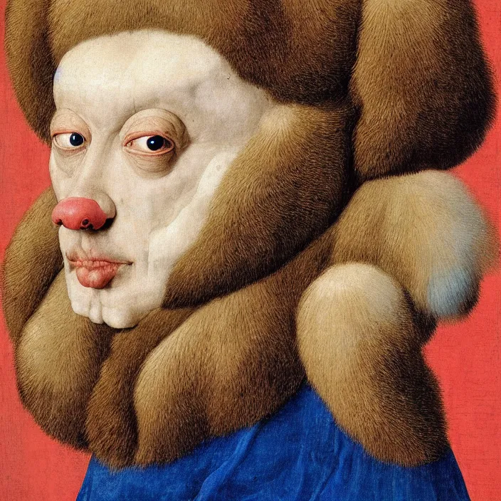 Prompt: close up portrait of a mutant monster creature with white fluffy moth pouf, exotic lily ears, delicate blue conch corns. by jan van eyck, audubon