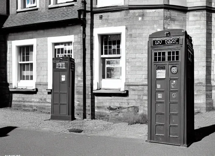 Prompt: photo of a metropolitan police box in front of houses in suburban london, police box, tardis, 1936, sepia