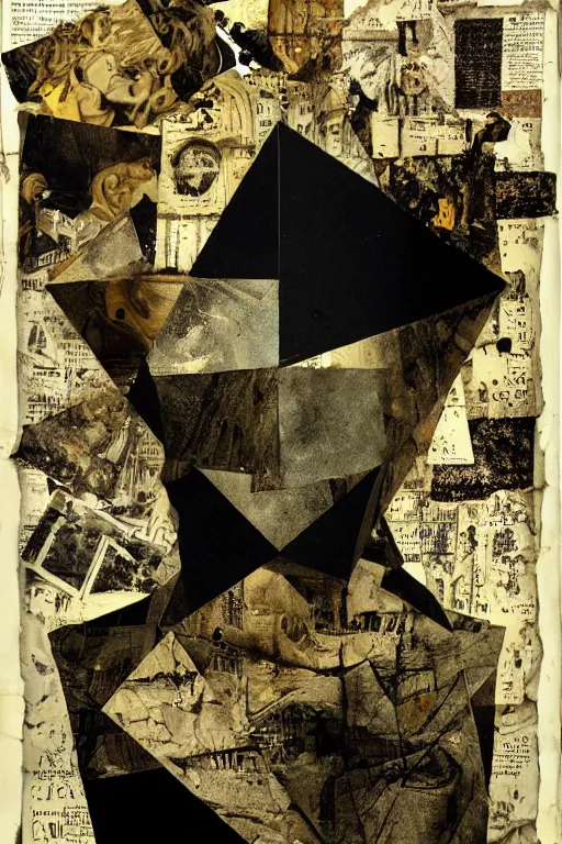 Image similar to personification of madness, despair, distressing collage, Collage art beautiful and creepy , silkscreen, textures, perfect geometry , epic composition, golden ratio, high quality printing