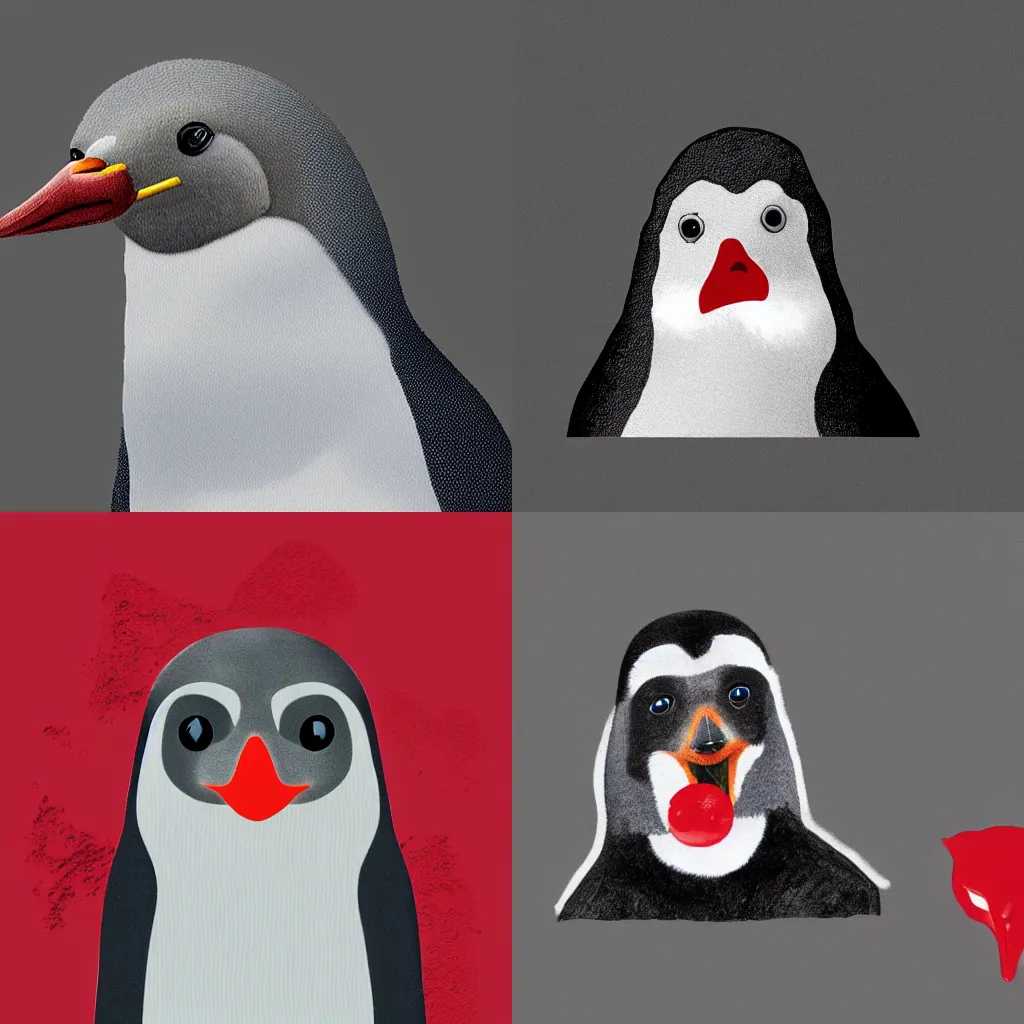 Prompt: A grey penguin with a doge head and a red saliva around his neck, illustration