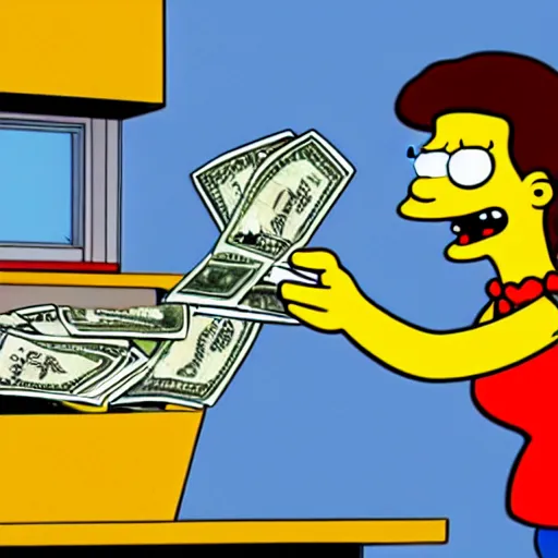 Prompt: girl character throwing out his hand with money shouting at the camera. on white. cartoon like. simpsons, futurama