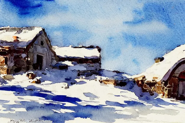 Prompt: small centered on watercolor paper, paint brush strokes, abstract watercolor painting of ancient viking house ruins in snow, daylight, blue sky, cinematic light, national romanticism by hans dahl, by jesper ejsing, by anders zorn, by kdksdks, by greg manchess, by tyler edlin