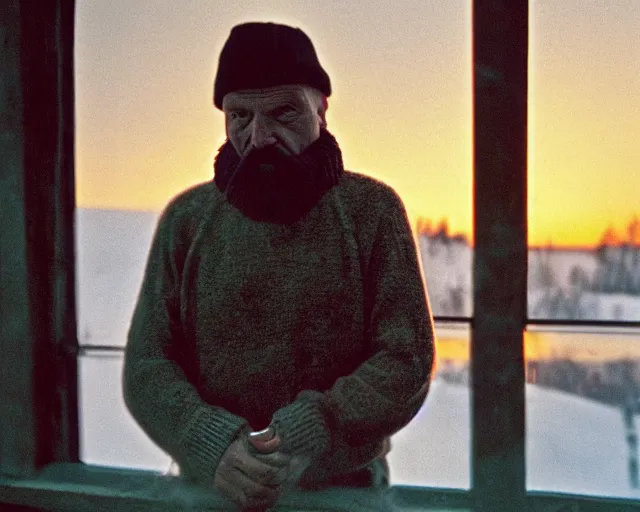 Image similar to lomographic tarkovsky film still of 4 0 years russian man with beard and sweater standing on small hrushevka 9 th floor balcony full with cigarette smoke in winter taiga looking at sunset, cinestill, bokeh