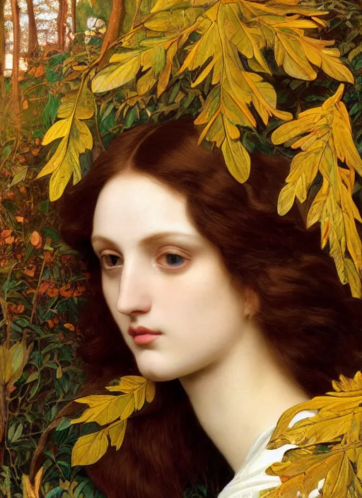 Image similar to masterpiece beautiful seductive flowing curves preraphaelite face portrait amongst leaves, extreme close up shot, straight bangs, thick set features, yellow ochre ornate medieval dress, laying amongst foliage mushroom forest circle arch, frederic leighton and kilian eng and rosetti and preraphaelites, 4 k