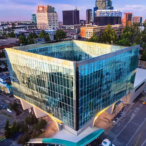 Prompt: aerial view, a beautiful office building exterior with sleek modern design by Gensler and large windows, golden hour, professional photography - W 768