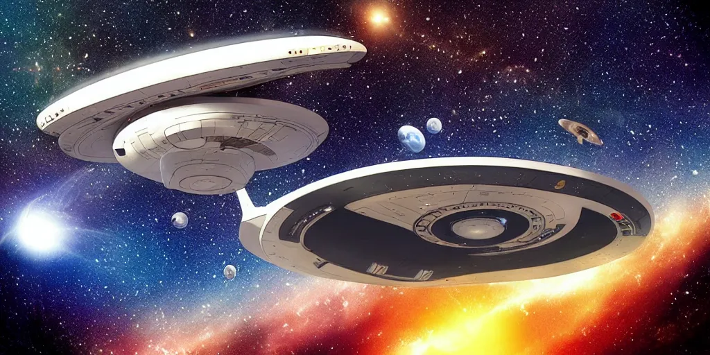 Image similar to star trek`s enterprise spaceshipe flying in a starry outer space