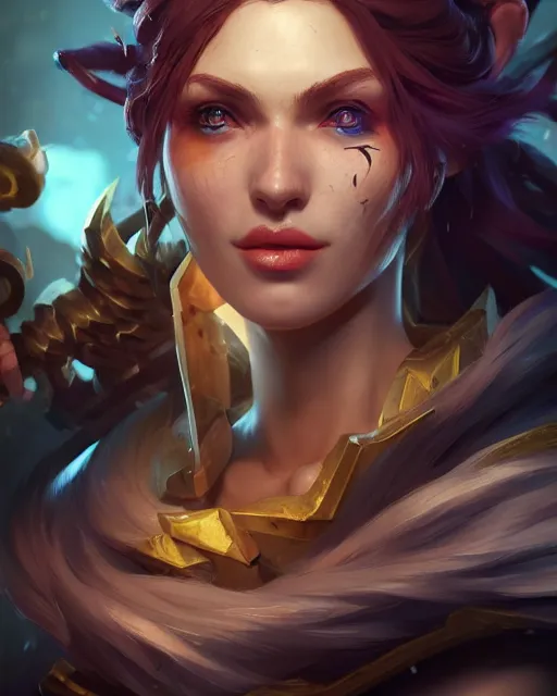 Image similar to league of legends portrait, au naturel, hyper detailed, digital art, trending in artstation, cinematic lighting, studio quality, smooth render, unreal engine 5 rendered, octane rendered, art style by klimt and nixeu and ian sprigger and wlop and krenz cushart.