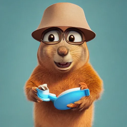 Image similar to a squirrel wearing a bucket hat. pixar.