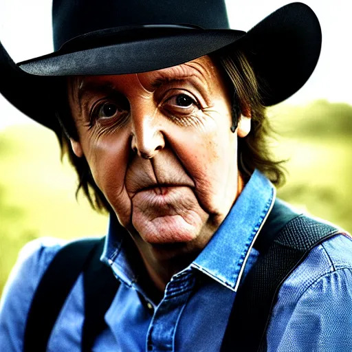 Image similar to Paul McCartney as a cowboy playing the banjo, 8k, high definition, highly detailed, photo-realistic