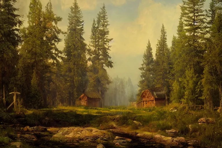 Image similar to A beautiful painting of russian village in dark forest by ivan shishkin and arkhip kuindji, trending on artstation,matte painting