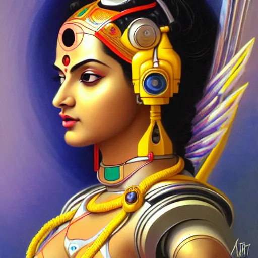 Prompt: Futuristic laxmi Indian Goddess in a robot spacesuit, sci-fi, fantasy, intricate, beautiful, elegant, attractive, indian goddess of wealth, highly detailed, digital painting, artstation, masterpiece, concept art, smooth, sharp focus, art by artgerm, hajime sorayama, William-Adolphe Bouguereau and greg rutkowski