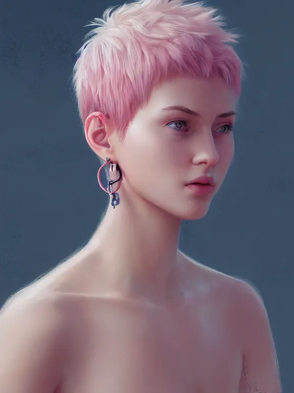 Image similar to beautiful russian girl with short pink hair and nose piercing, wearing airpods, thin round earrings, winds of winter, au naturel, hyper detailed, digital art, trending in artstation, cinematic lighting, studio quality, smooth render, octane rendered, concept art, sharp focus, illustration, art by artgerm and greg rutkowski and wlop