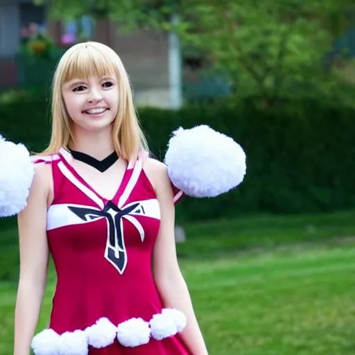 Image similar to a demon horned smiling anime girl wearing cheerleader dress holding cheerleader pompom on both hands