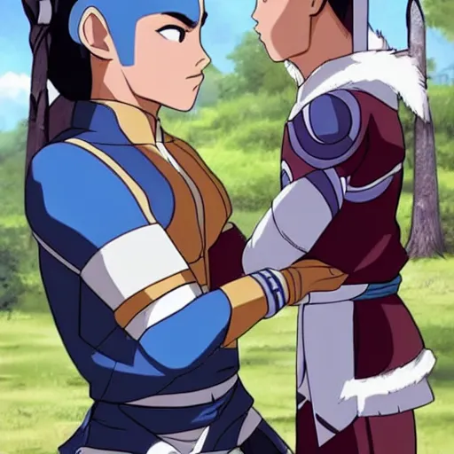 Prompt: sokka from avatar meets callum from the dragon prince, the style of bnha