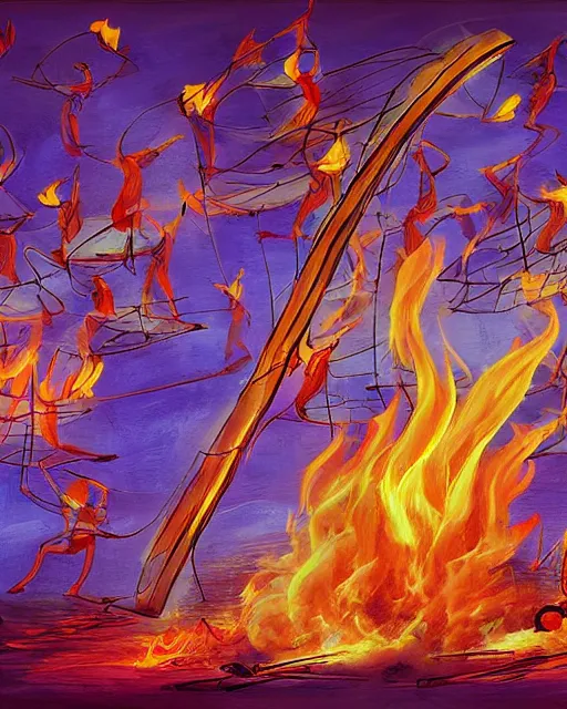 Prompt: the instrument pipa is used as firewood, burning cranes danced in the air, digital painting, concept art