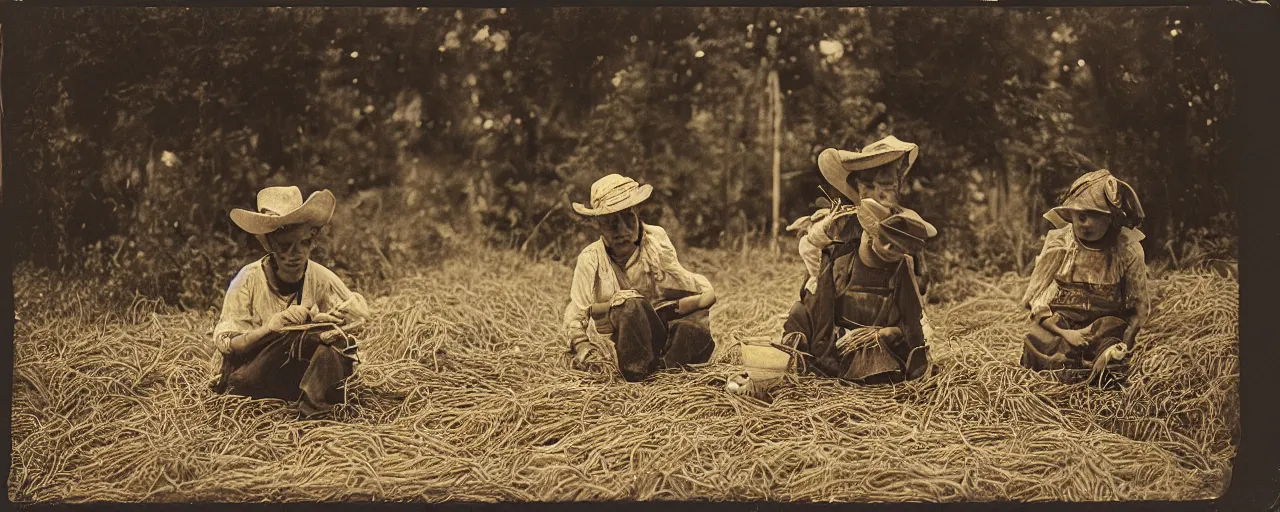 Prompt: harvesting spaghetti during the gold rush, tintype, small details, intricate, sigma 5 0 mm, cinematic lighting, photography, wes anderson, diane arbus, film, kodachrome
