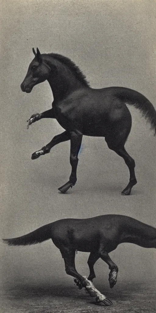 Prompt: [ [ [ [ [ t rex ] ] ] ] ] and a horse with leg, walk, [ [ movement ] ], soft, black and white, photograph, 1 8 5 0 s