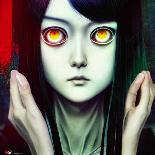 Image similar to i see you palp by junji ito, green red black blue eyes and long black hair by junji ito, painted by junji ito, rtx reflections, octane render 1 2 8 k, extreme high intricate details by wlop, digital anime art by ross tran, wide shot, composition by tom bagshaw, lighting by wlop