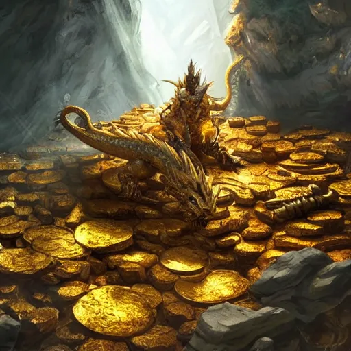 Image similar to a dragon protecting a huge golden treasure pile in a cave with bones scattered across the floor, made by stanley artgerm lau, wlop, rossdraws, artstation, cgsociety, concept art, cgsociety, octane render, trending on artstation, artstationhd, artstationhq, unreal engine, 4 k, 8 k.