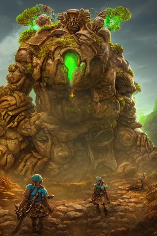 Image similar to zelda fantasy art giant golem troll wood rock greeble gemstone, global illumination ray tracing hdr fanart arstation by sung choi and eric pfeiffer and gabriel garza and casper konefal