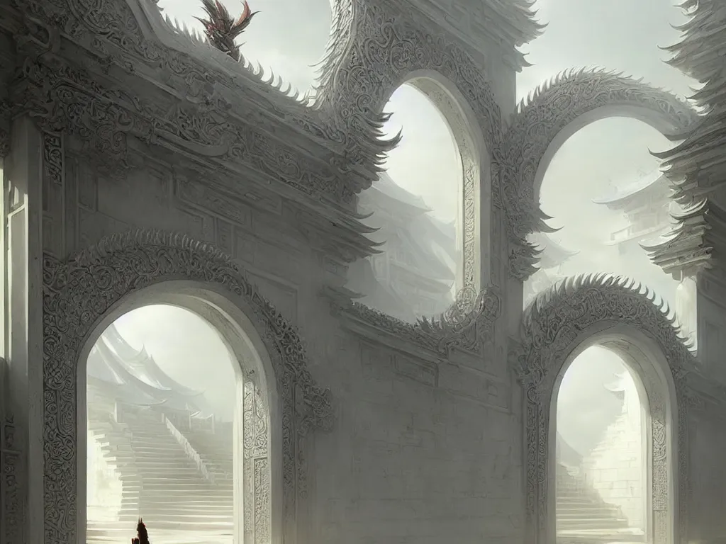 Image similar to circular gate in a white wall, leading to heaven. chinese architecture. fantasy. detailed. smooth. sharp focus. trending on artstation. artist greg rutkowski.