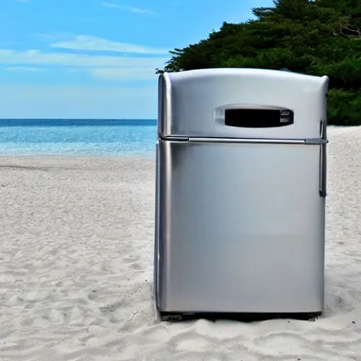 Prompt: refrigerator on the beach