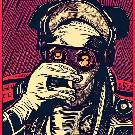 Image similar to Illustrated by Shepard Fairey and H.R. Geiger | Cyberpunk Clown Vampire with VR helmet, surrounded by cables