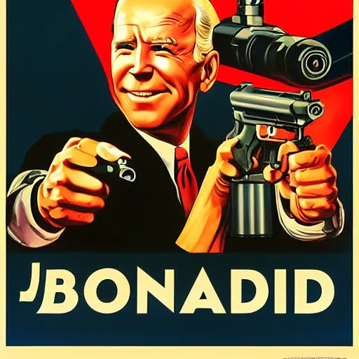 Image similar to propaganda poster of joe biden pointing gun directly at camera in james bond movie, closeup of gun, visible barrel and grip by j. c. leyendecker, bosch, lisa frank, jon mcnaughton, and beksinski