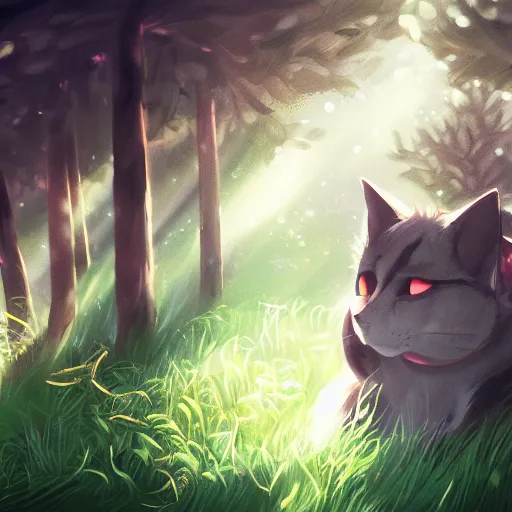 Image similar to a portrait of a cat in the forest, trending on artstation, trending on furaffinity, digital art, by kawacy, anime, furry art, warm light, backlighting, cartoon, concept art