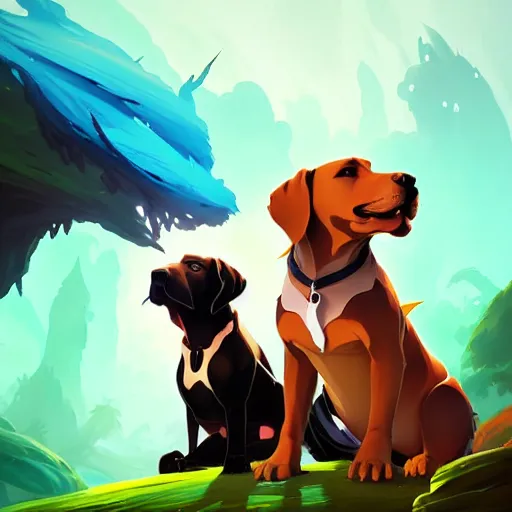 Prompt: two labradors, one brown tan domino one black white markings, pointy ears, fanart ornate fantasy ori and the blind forest cover style official behance hd artstation by jesper ejsing, by rhads, makoto shinkai and lois van baarle, ilya kuvshinov, rossdraws pastel vibrant