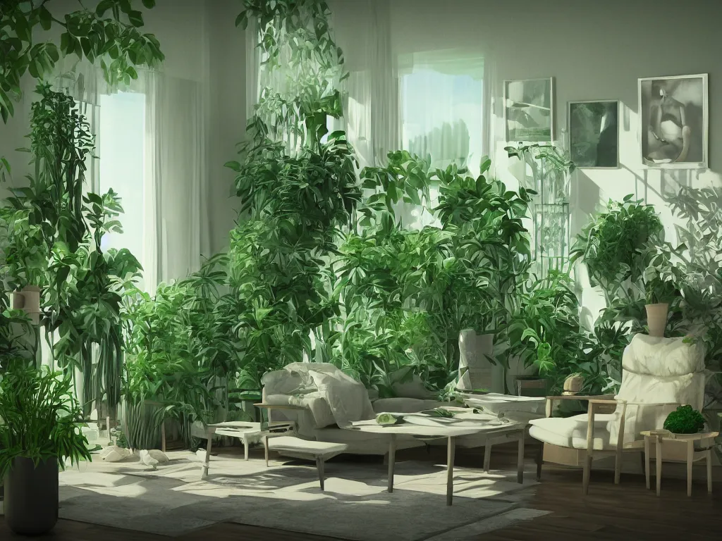 Image similar to comfy green living room with many plants, complicated liminal interior, Lynchian, unsettling, dreamlike with vapor clouds and painting by Henri Rousseau, 3D render by Beeple and Barry Chuckle, layered, parallax effect