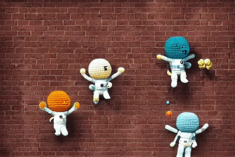 Prompt: an expedition of crochet cute astronauts climbing a brick wall. cute, illustration, digital art, inspired by little big planet, by greg rutkowski, detailed, sharp, masterpiece, highly detailed, photorealistic, octane render, 8 k, unreal engine 5, trending on artstation, vivid colors