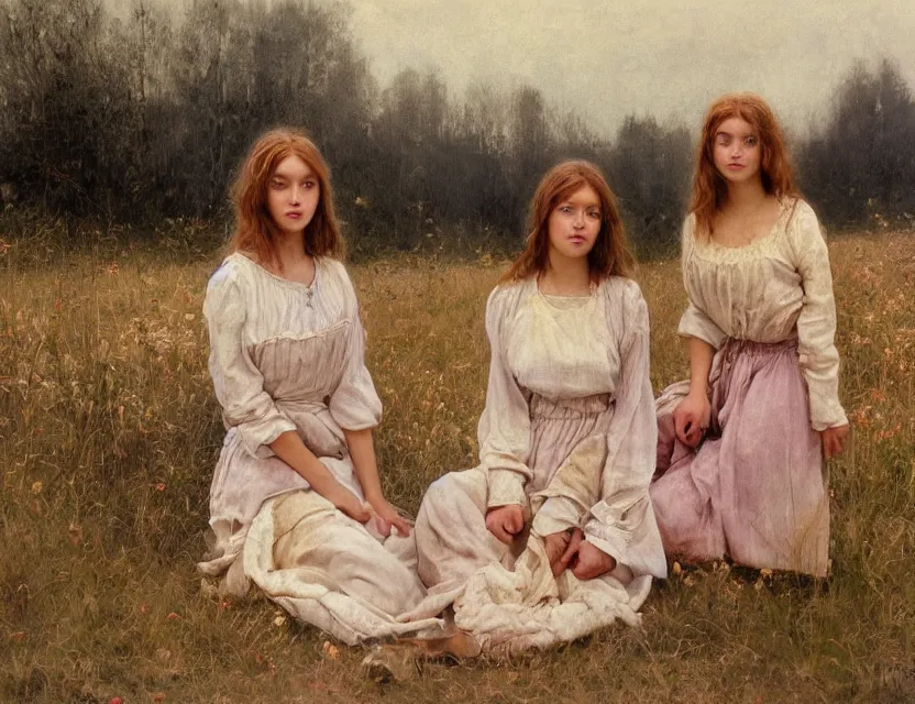 Image similar to beautiful peasant sisters with long hair, cottage core, cinematic focus, polaroid photo bleached vintage pastel colors high - key lighting, soft lights, foggy, by steve hanks, by lisa yuskavage, by serov valentin, by tarkovsky, 8 k render, detailed, oil on canvas