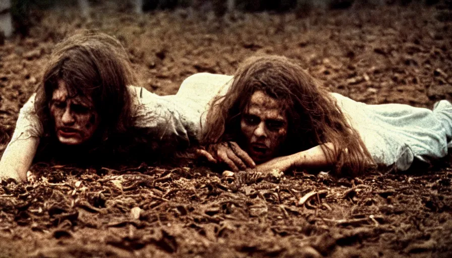 Prompt: 7 0 s film still from a horror movie about a person crawling out of a grave, kodachrome, cinecolor, cinestill, film grain, film texture, retro, cinematic, high resolution, photorealism,