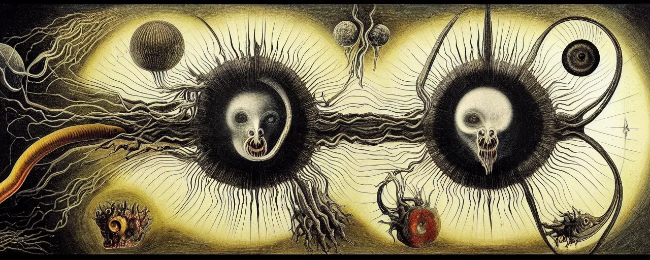 Image similar to a strange earth creature with endearing eyes radiates a unique canto'as above so below'while being ignited by the spirit of haeckel and robert fludd, breakthrough is iminent, glory be to the magic within, in honor of saturn, painted by ronny khalil